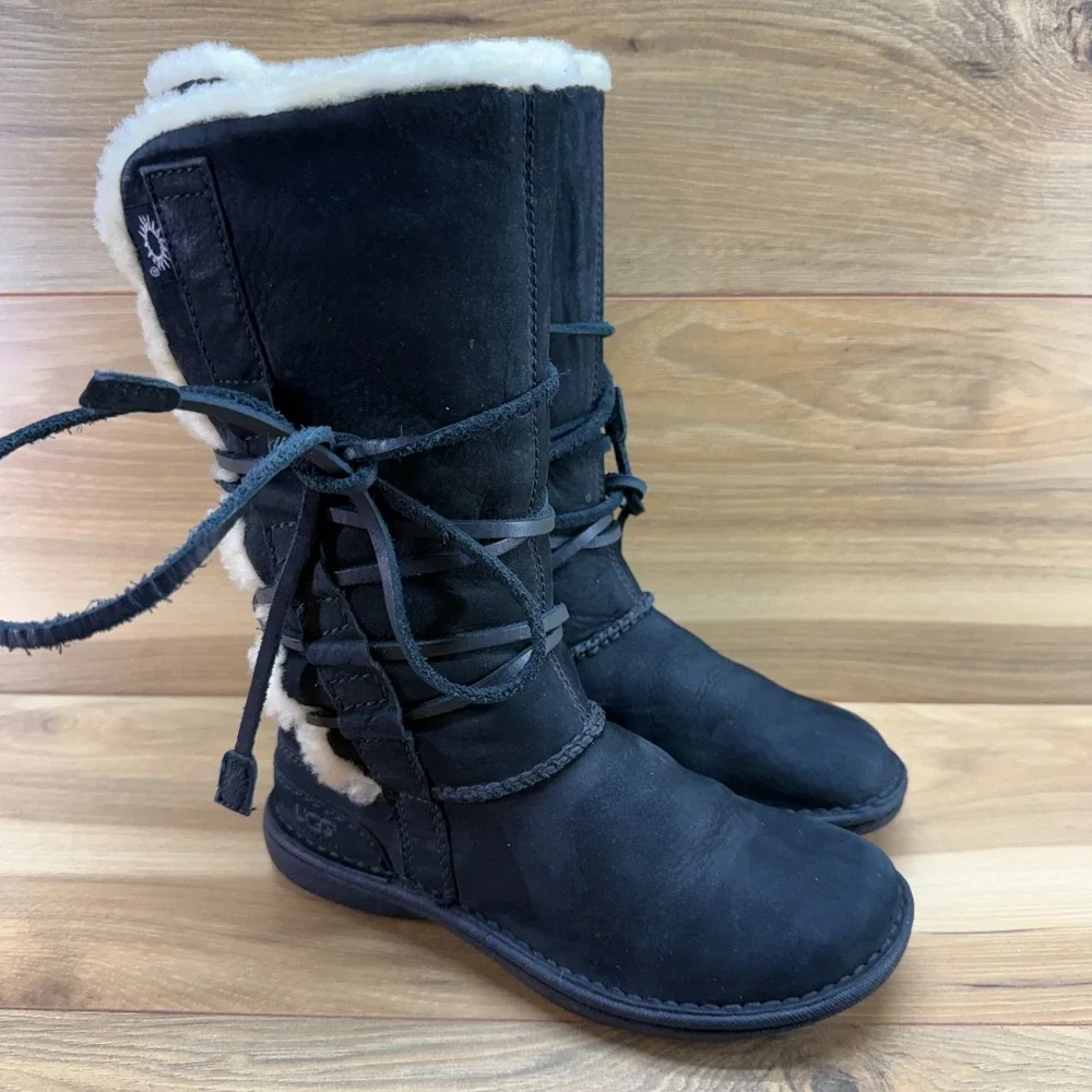 UGG Catalina Tie Lace Mid Calf Boot Womens 5 Black Leather Sherpa Shearling 1664
